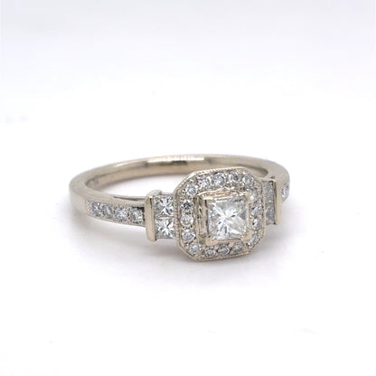 14K White Gold Natural Diamond Princess Cut Halo Engagement Ring | Princess & Round 0.68 TCW, G-H VS2-SI1, Size 7