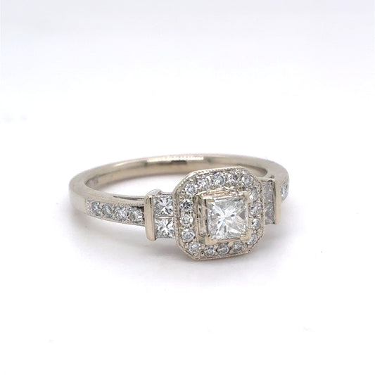 14K White Gold Natural Diamond Princess Cut Halo Engagement Ring | Princess & Round 0.68 TCW, G-H VS2-SI1, Size 7