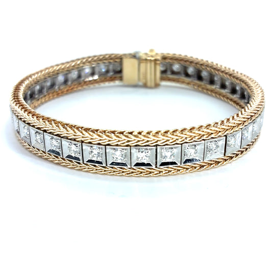 14K Two Tone Gold Natural Diamond Square Link Bracelet | Round 2.00 TCW, F-G VS2-SI1