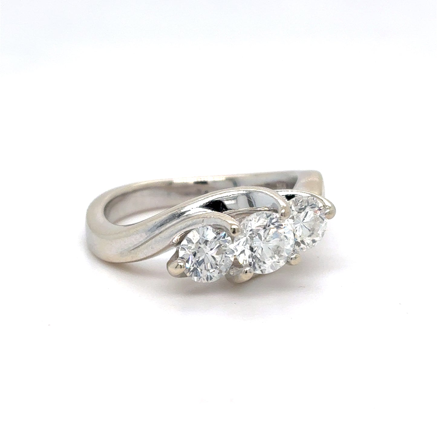 14K White Gold Natural Diamond Three-Stone Ring | Round 1.36 TCW, G-H SI1-SI2, Size 7