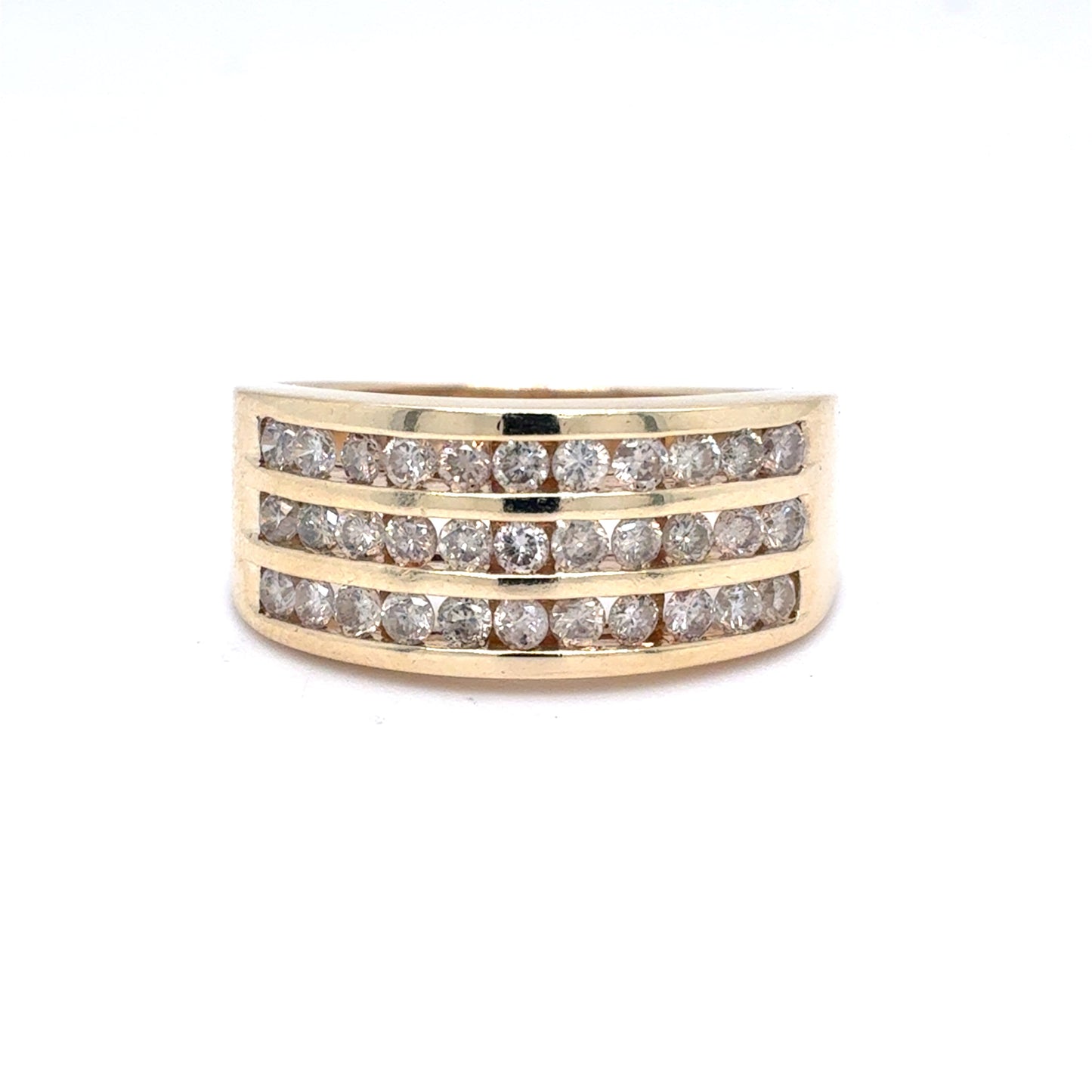 10K Yellow Gold Three-Row Channel-Set Diamond Band | Round Brilliant 0.69 TCW, J I2, Size 6.75