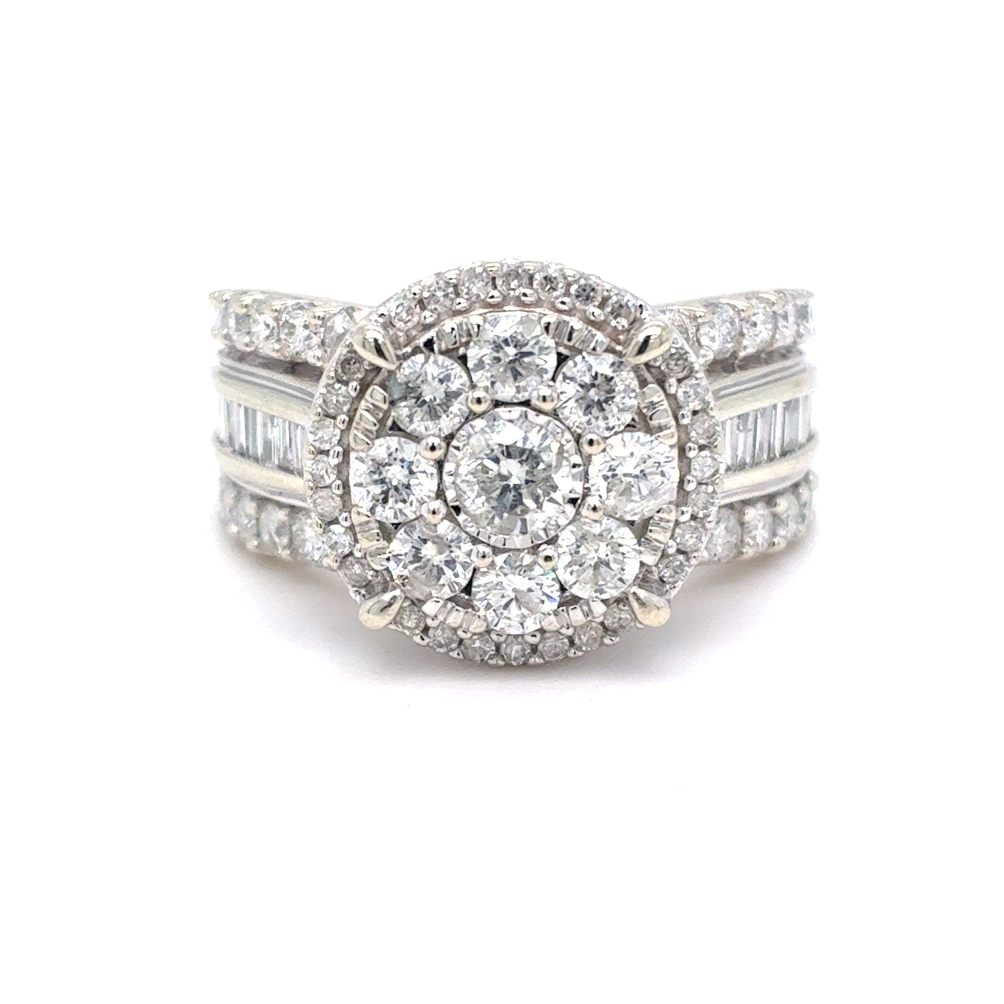 10K White Gold Natural Diamond Cluster Halo Ring | Round Brilliant, Baguette & Single Cut 2.07 TCW, H-I I1-I2, Size 7