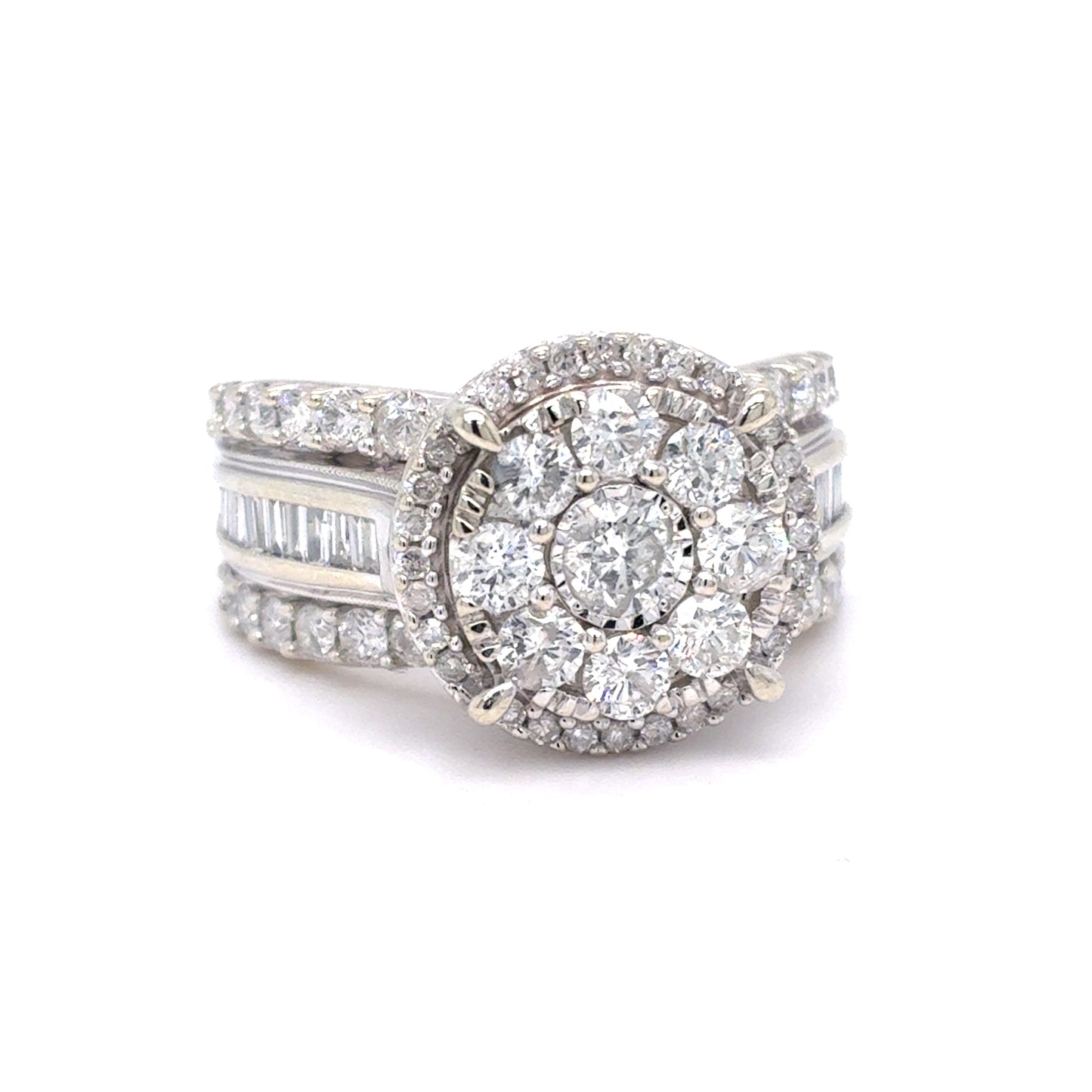 10K White Gold Natural Diamond Cluster Halo Ring | Round Brilliant, Baguette & Single Cut 2.07 TCW, H-I I1-I2, Size 7
