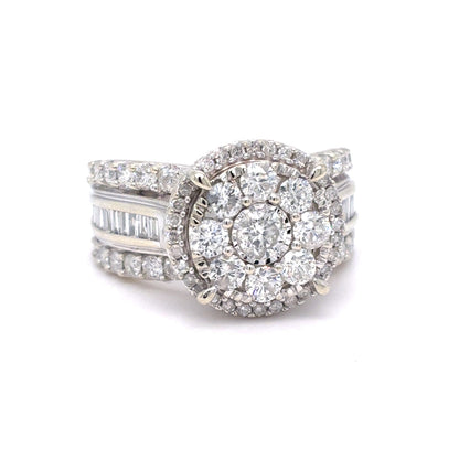 10K White Gold Natural Diamond Cluster Halo Ring | Round Brilliant, Baguette & Single Cut 2.07 TCW, H-I I1-I2, Size 7