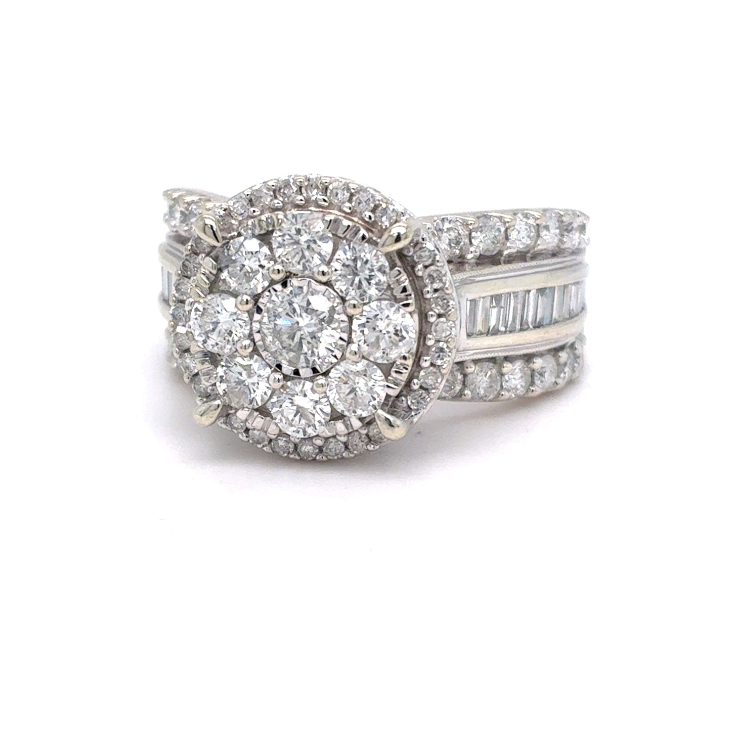 10K White Gold Natural Diamond Cluster Halo Ring | Round Brilliant, Baguette & Single Cut 2.07 TCW, H-I I1-I2, Size 7