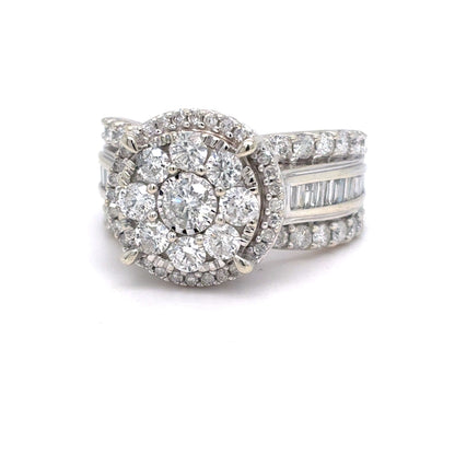 10K White Gold Natural Diamond Cluster Halo Ring | Round Brilliant, Baguette & Single Cut 2.07 TCW, H-I I1-I2, Size 7