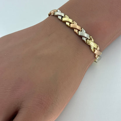 10K Tricolor Gold Satin X Bracelet | 7.25 Inches, 6.5mm, 4.40 grams