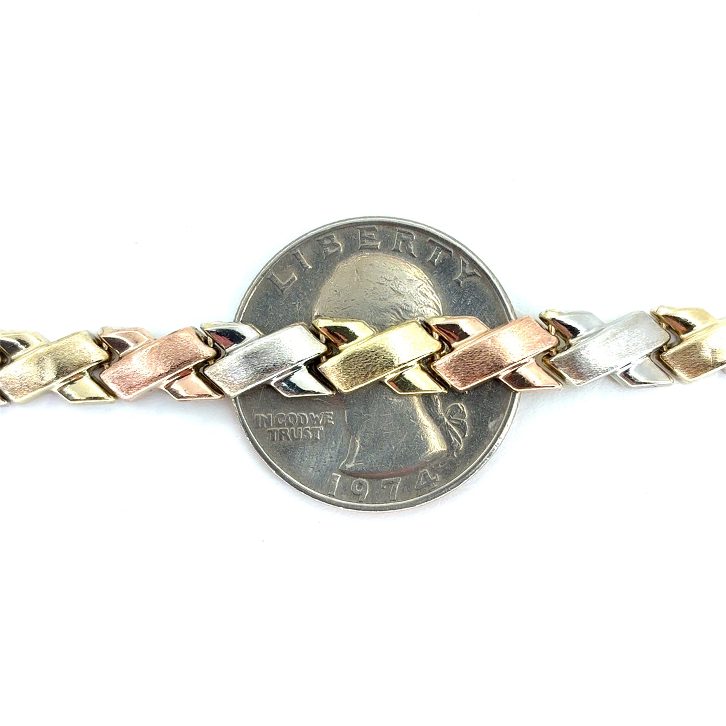 10K Tricolor Gold Satin X Bracelet | 7.25 Inches, 6.5mm, 4.40 grams