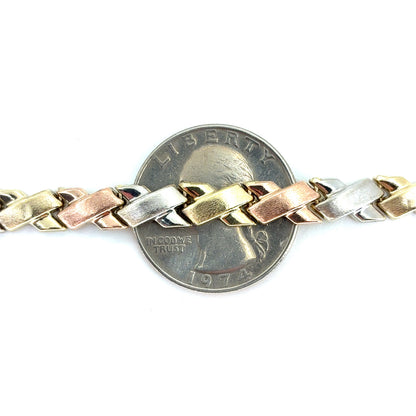 10K Tricolor Gold Satin X Bracelet | 7.25 Inches, 6.5mm, 4.40 grams