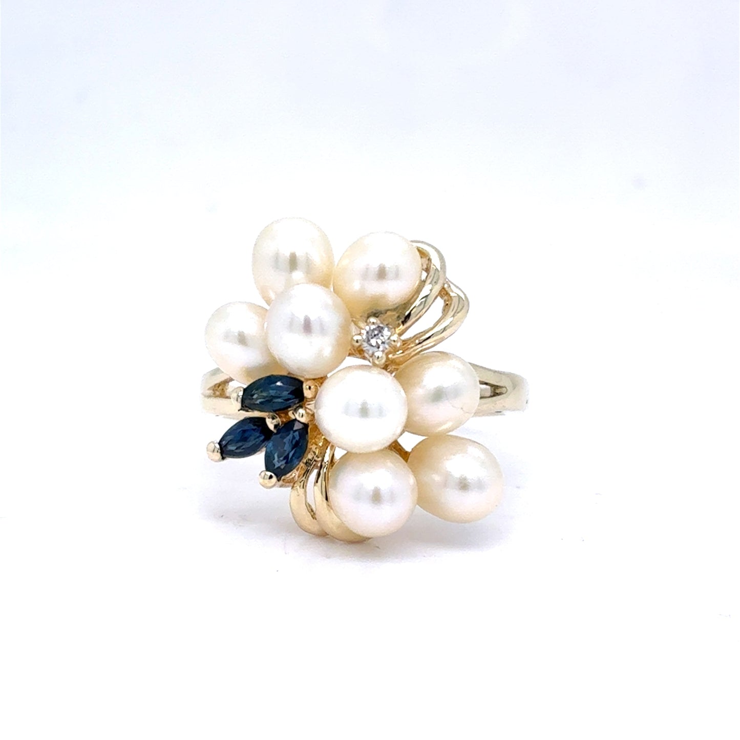 14K Yellow Gold Pearl Diamond & Sapphire Cluster Ring | Freshwater Cultured, Round & Marquise 0.09 TCW, I I1, Size 7