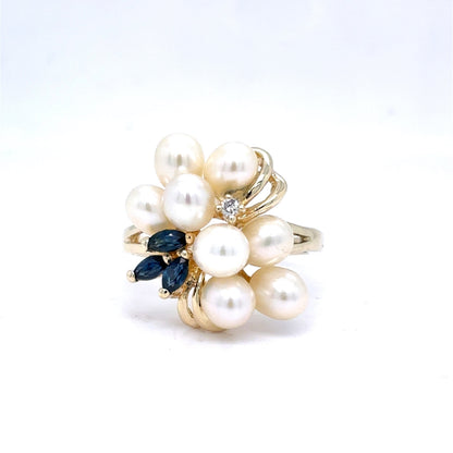 14K Yellow Gold Pearl Diamond & Sapphire Cluster Ring | Freshwater Cultured, Round & Marquise 0.09 TCW, I I1, Size 7