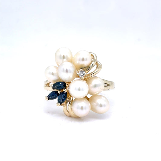 14K Yellow Gold Pearl Diamond & Sapphire Cluster Ring | Freshwater Cultured, Round & Marquise 0.09 TCW, I I1, Size 7