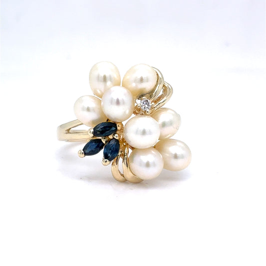 14K Yellow Gold Pearl Diamond & Sapphire Cluster Ring | Freshwater Cultured, Round & Marquise 0.09 TCW, I I1, Size 7