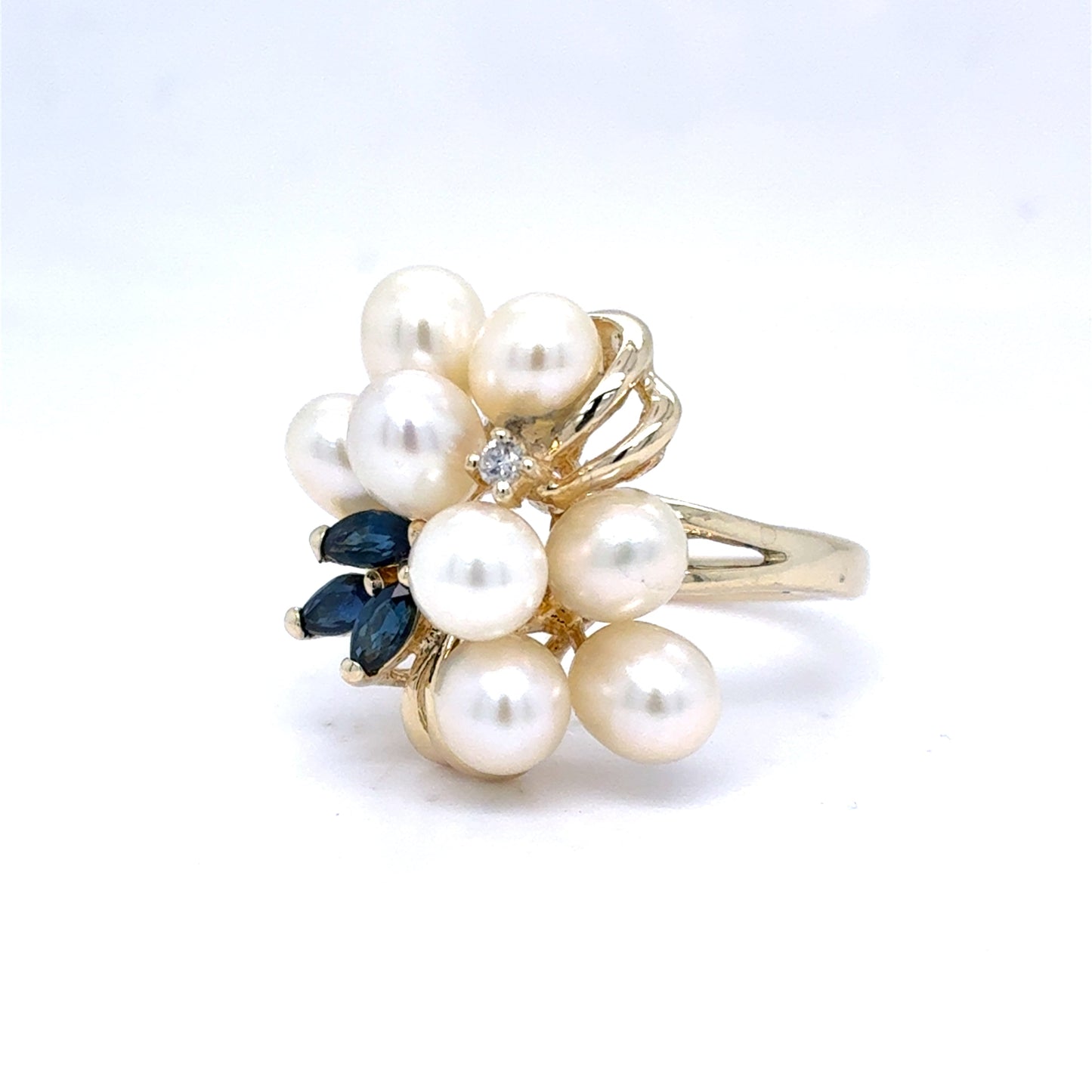 14K Yellow Gold Pearl Diamond & Sapphire Cluster Ring | Freshwater Cultured, Round & Marquise 0.09 TCW, I I1, Size 7