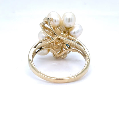14K Yellow Gold Pearl Diamond & Sapphire Cluster Ring | Freshwater Cultured, Round & Marquise 0.09 TCW, I I1, Size 7