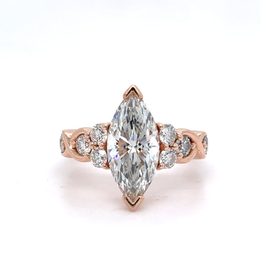 14K Rose Gold Lab Diamond Marquise Engagement Ring | Marquise & Round 3.19 TCW, F-H VS1-VS2, Size 6.5