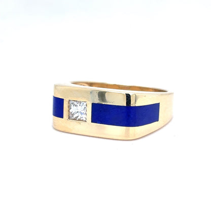 14K Yellow Gold Men's Natural Diamond & Lapis Lazuli Wide Band Ring | Princess 0.36 TCW, H VS1, Size 9.5
