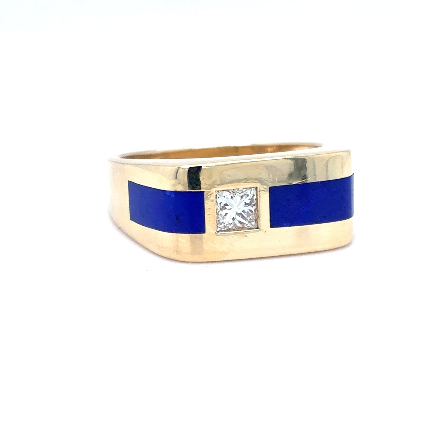 14K Yellow Gold Men's Natural Diamond & Lapis Lazuli Wide Band Ring | Princess 0.36 TCW, H VS1, Size 9.5