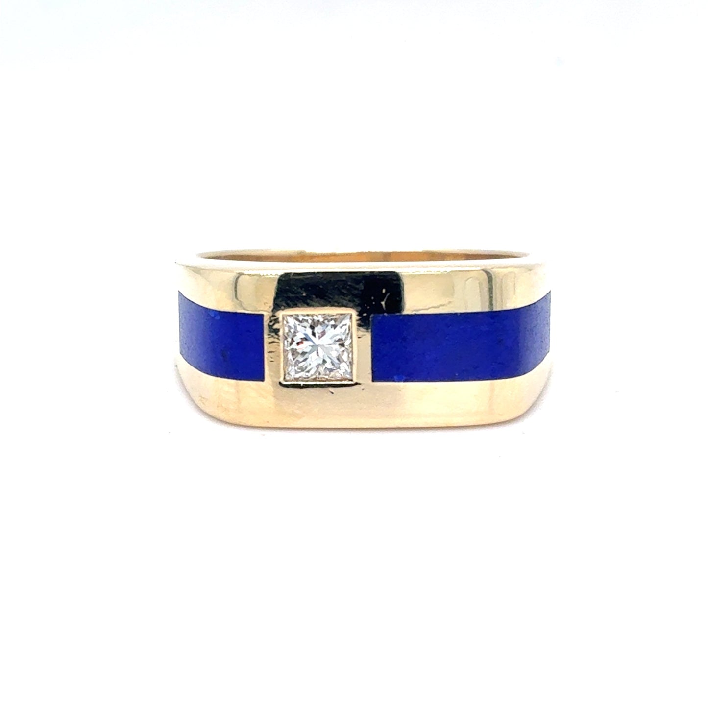14K Yellow Gold Men's Natural Diamond & Lapis Lazuli Wide Band Ring | Princess 0.36 TCW, H VS1, Size 9.5