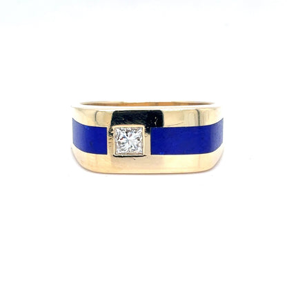 14K Yellow Gold Men's Natural Diamond & Lapis Lazuli Wide Band Ring | Princess 0.36 TCW, H VS1, Size 9.5