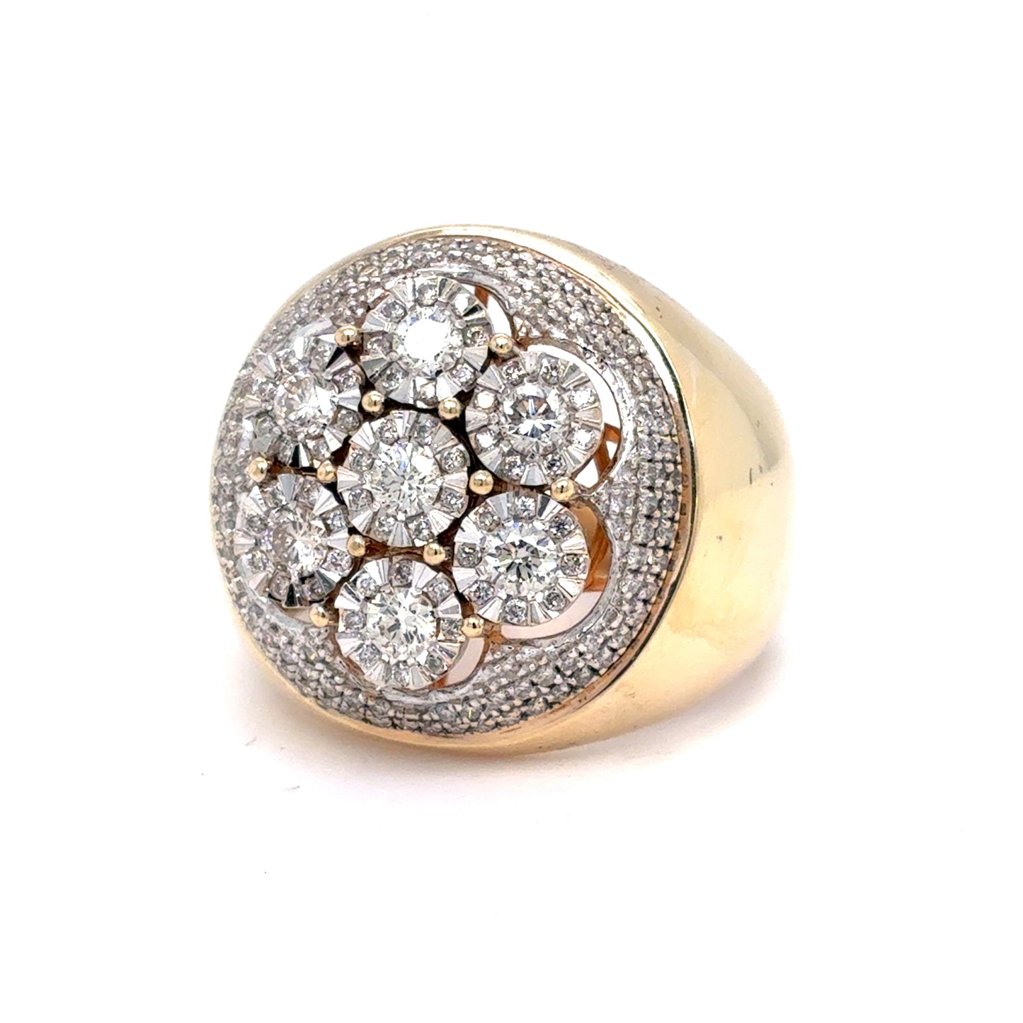 14K Yellow Gold Mens Natural Diamond Cluster Ring | Round Brilliant 1.11 TCW, H-J VS2-SI2, Size 8
