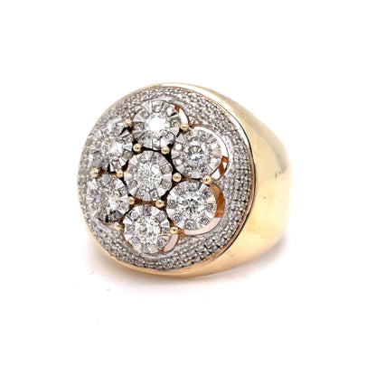 14K Yellow Gold Mens Natural Diamond Cluster Ring | Round Brilliant 1.11 TCW, H-J VS2-SI2, Size 8