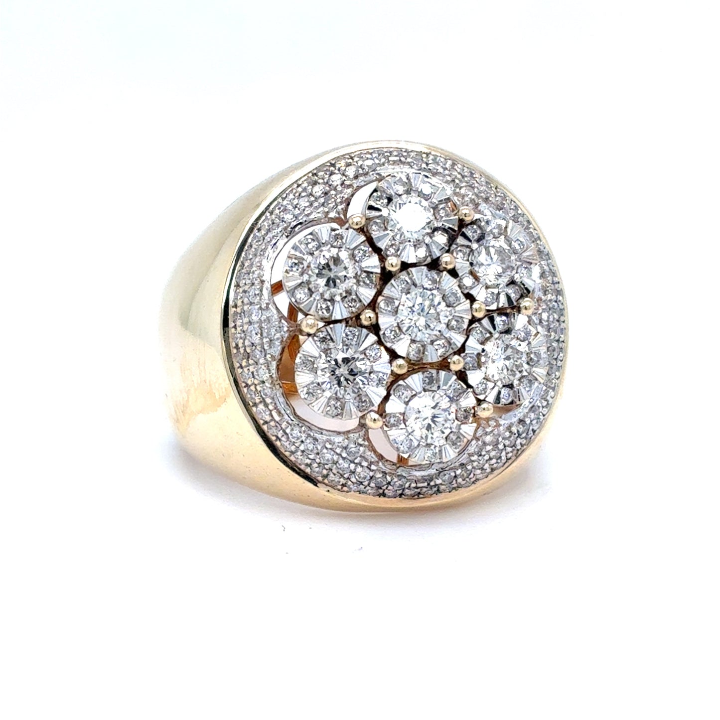 14K Yellow Gold Mens Natural Diamond Cluster Ring | Round Brilliant 1.11 TCW, H-J VS2-SI2, Size 8