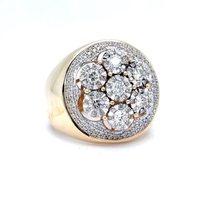 14K Yellow Gold Mens Natural Diamond Cluster Ring | Round Brilliant 1.11 TCW, H-J VS2-SI2, Size 8