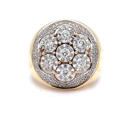 14K Yellow Gold Mens Natural Diamond Cluster Ring | Round Brilliant 1.11 TCW, H-J VS2-SI2, Size 8