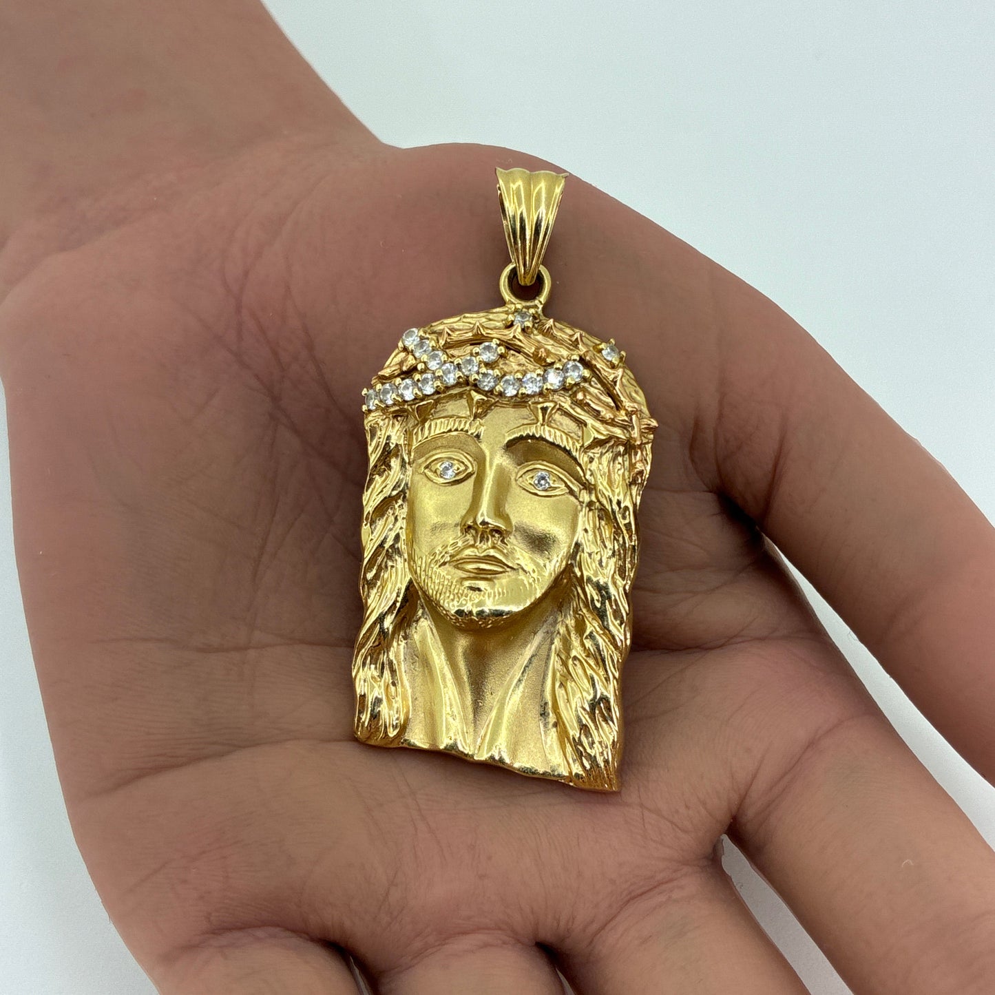 14K Yellow Gold Large Jesus Face Pendant with CZ Stones | 19.00 grams