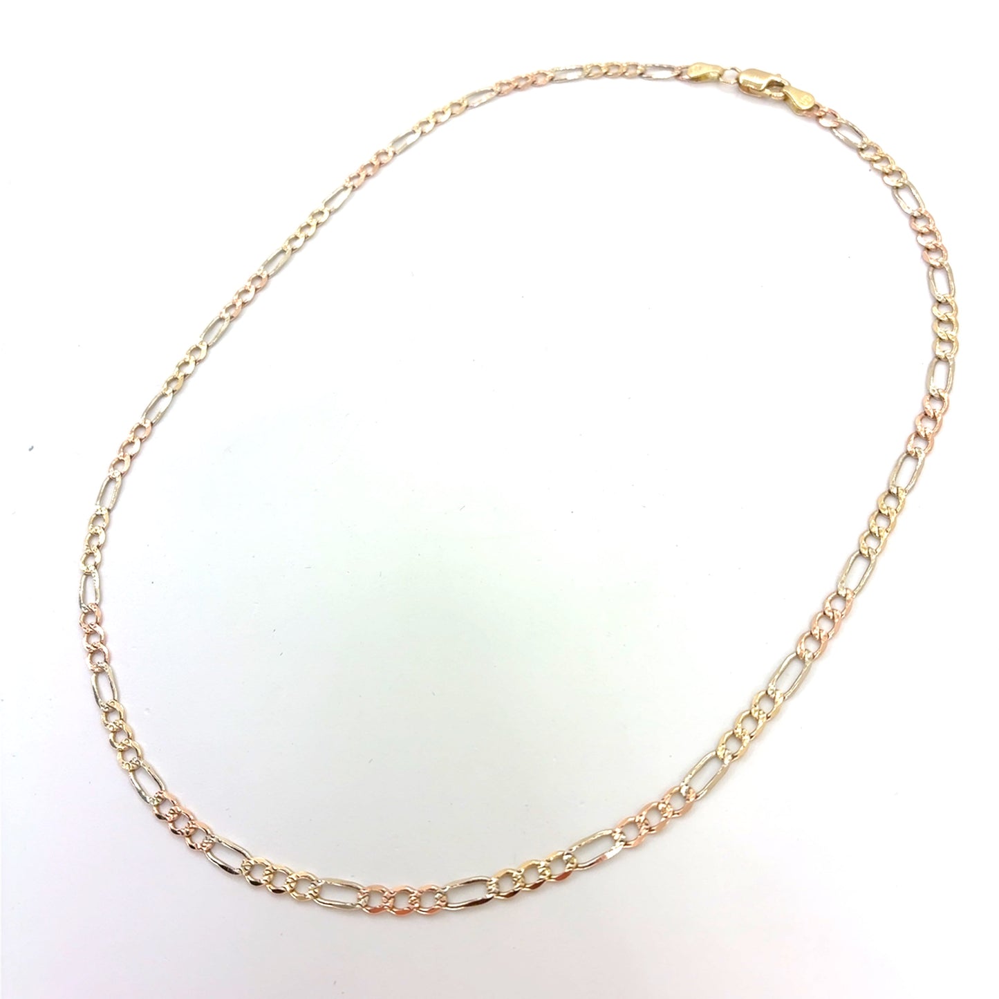 14K Yellow Gold Solid Tricolor Diamond Cut Figaro Necklace | 16 Inches, 3.3mm, 6.20 grams