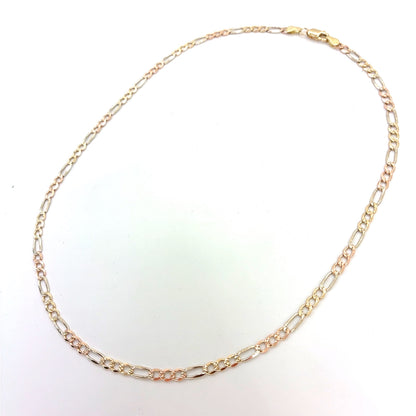 14K Yellow Gold Solid Tricolor Diamond Cut Figaro Necklace | 16 Inches, 3.3mm, 6.20 grams