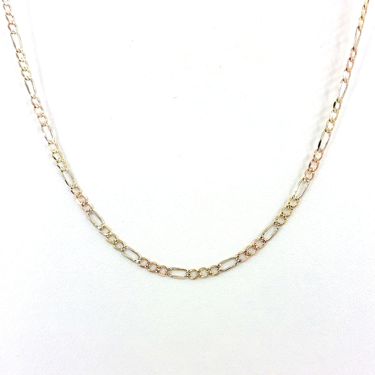 14K Yellow Gold Solid Tricolor Diamond Cut Figaro Necklace | 16 Inches, 3.3mm, 6.20 grams