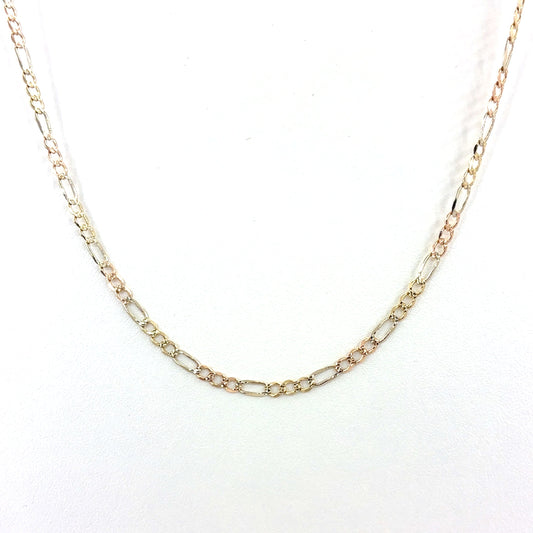 14K Yellow Gold Solid Tricolor Diamond Cut Figaro Necklace | 16 Inches, 3.3mm, 6.20 grams