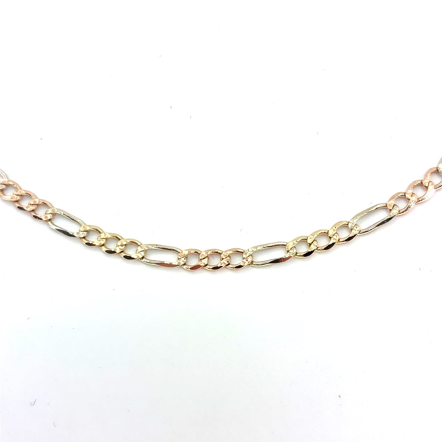 14K Yellow Gold Solid Tricolor Diamond Cut Figaro Necklace | 16 Inches, 3.3mm, 6.20 grams