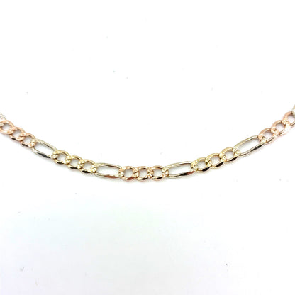 14K Yellow Gold Solid Tricolor Diamond Cut Figaro Necklace | 16 Inches, 3.3mm, 6.20 grams