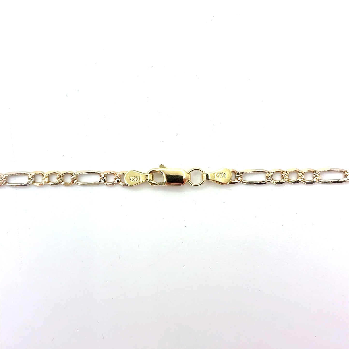 14K Yellow Gold Solid Tricolor Diamond Cut Figaro Necklace | 16 Inches, 3.3mm, 6.20 grams