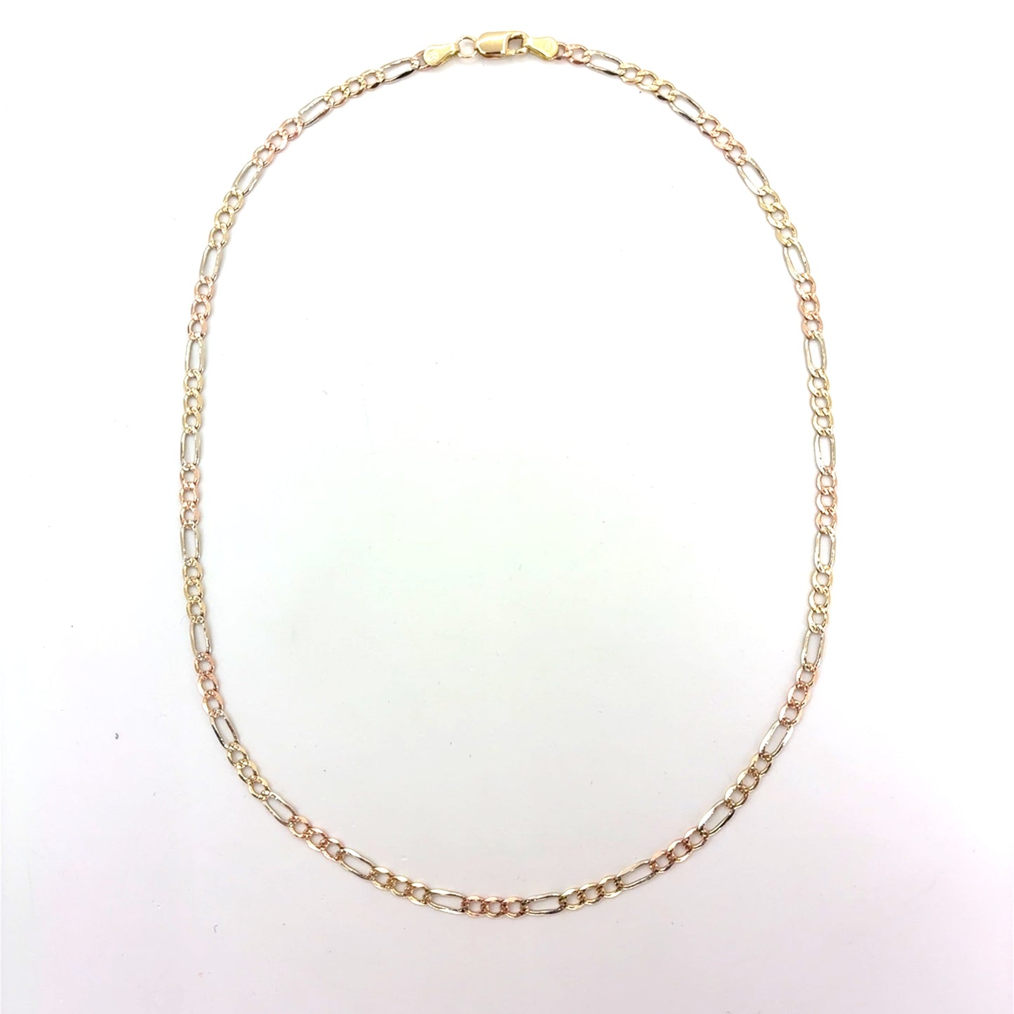 14K Yellow Gold Solid Tricolor Diamond Cut Figaro Necklace | 16 Inches, 3.3mm, 6.20 grams