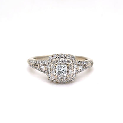 10K White Gold Natural Diamond Princess-Cut Double Halo Engagement Ring | Princess, Round Brilliant & Baguette 0.53 TCW, G SI1, Size 7