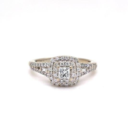 10K White Gold Natural Diamond Princess-Cut Double Halo Engagement Ring | Princess, Round Brilliant & Baguette 0.53 TCW, G SI1, Size 7