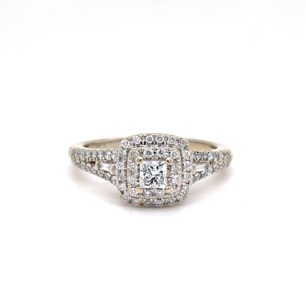 10K White Gold Natural Diamond Princess-Cut Double Halo Engagement Ring | Princess, Round Brilliant & Baguette 0.53 TCW, G SI1, Size 7