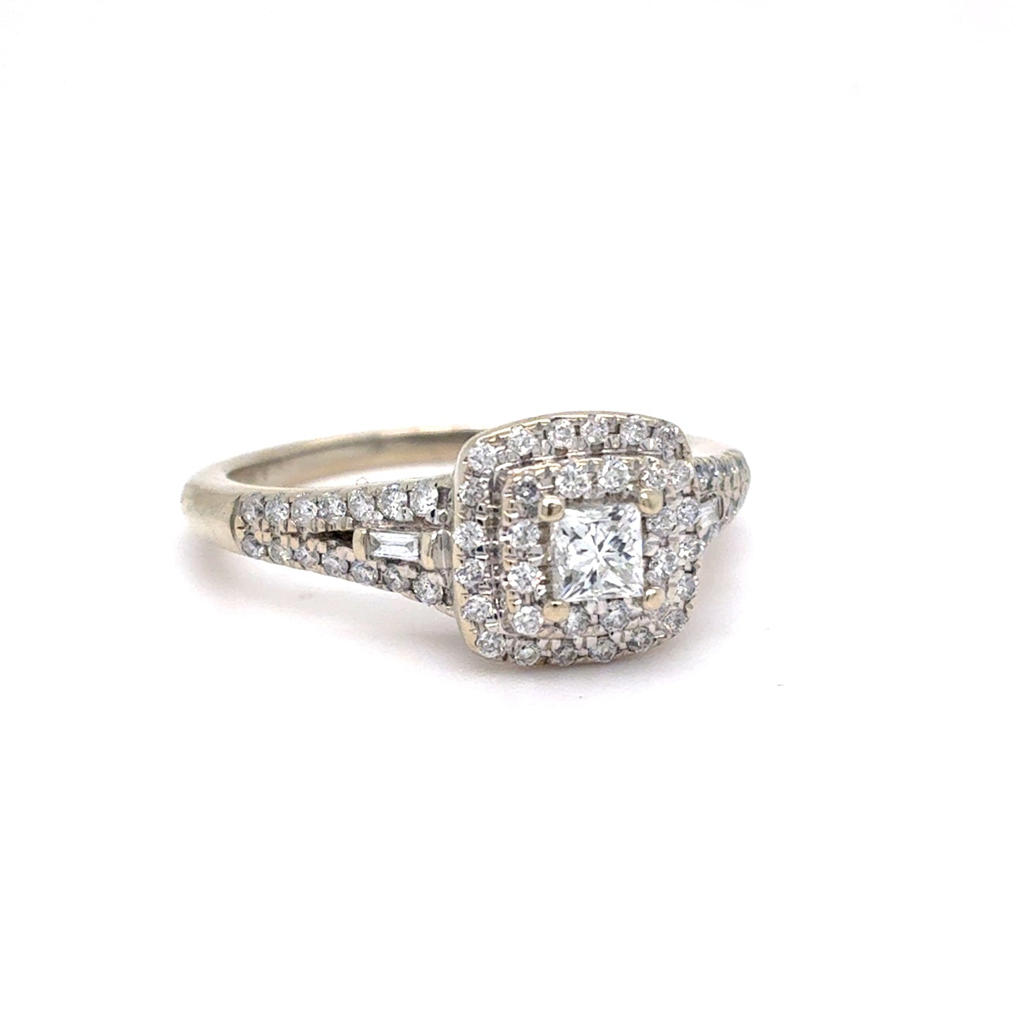 10K White Gold Natural Diamond Double Halo Engagement Ring | Princess & Round Brilliant 0.53 TCW, G SI1, Size 7