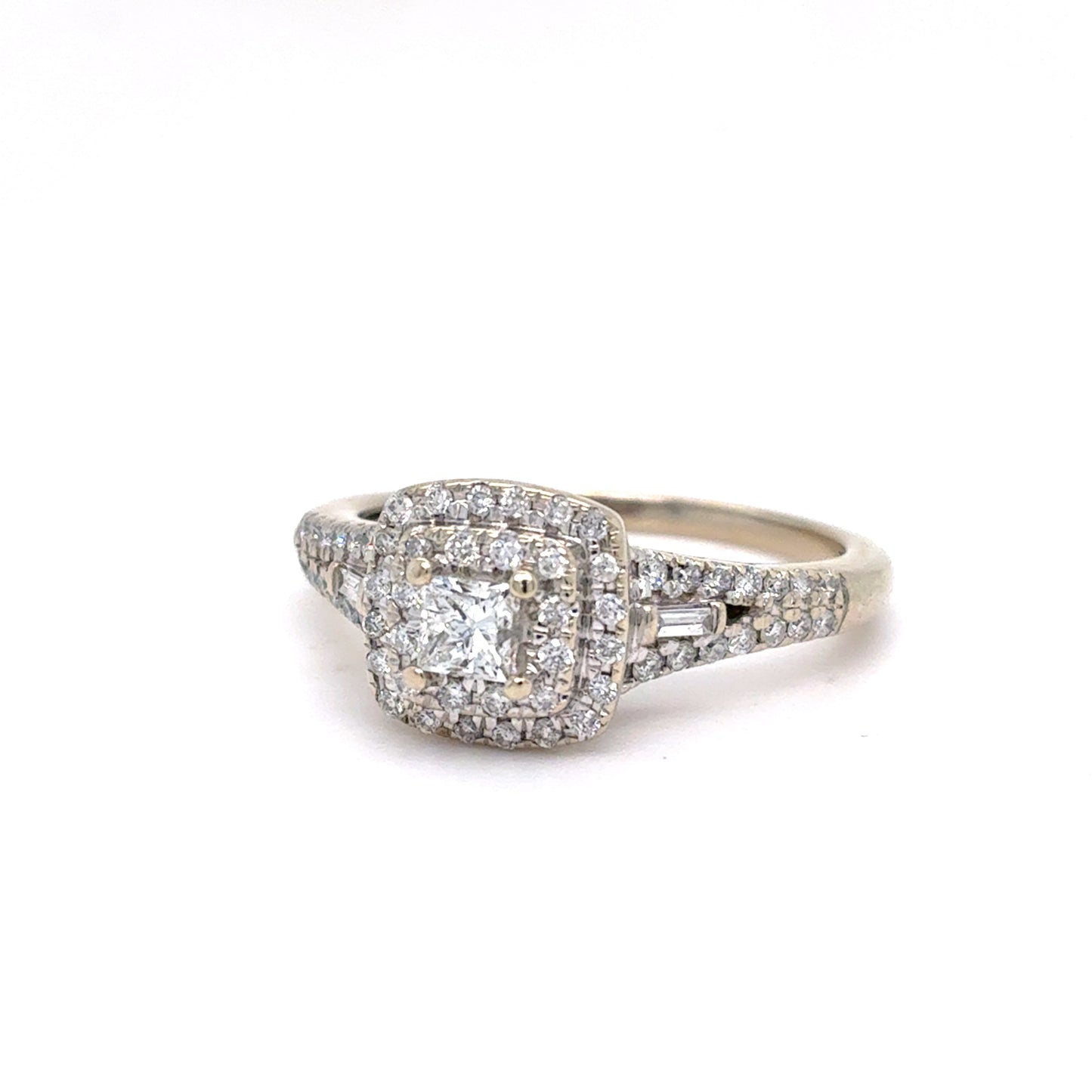 10K White Gold Natural Diamond Princess-Cut Double Halo Engagement Ring | Princess, Round Brilliant & Baguette 0.53 TCW, G SI1, Size 7