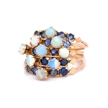 14K Yellow Gold Natural Opal & Sapphire Multi-Row Fashion Ring | Cabochon & Round 2.80 TCW, Size 9