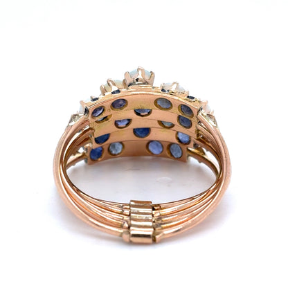 14K Yellow Gold Natural Opal & Sapphire Multi-Row Fashion Ring | Cabochon & Round 2.80 TCW, Size 9