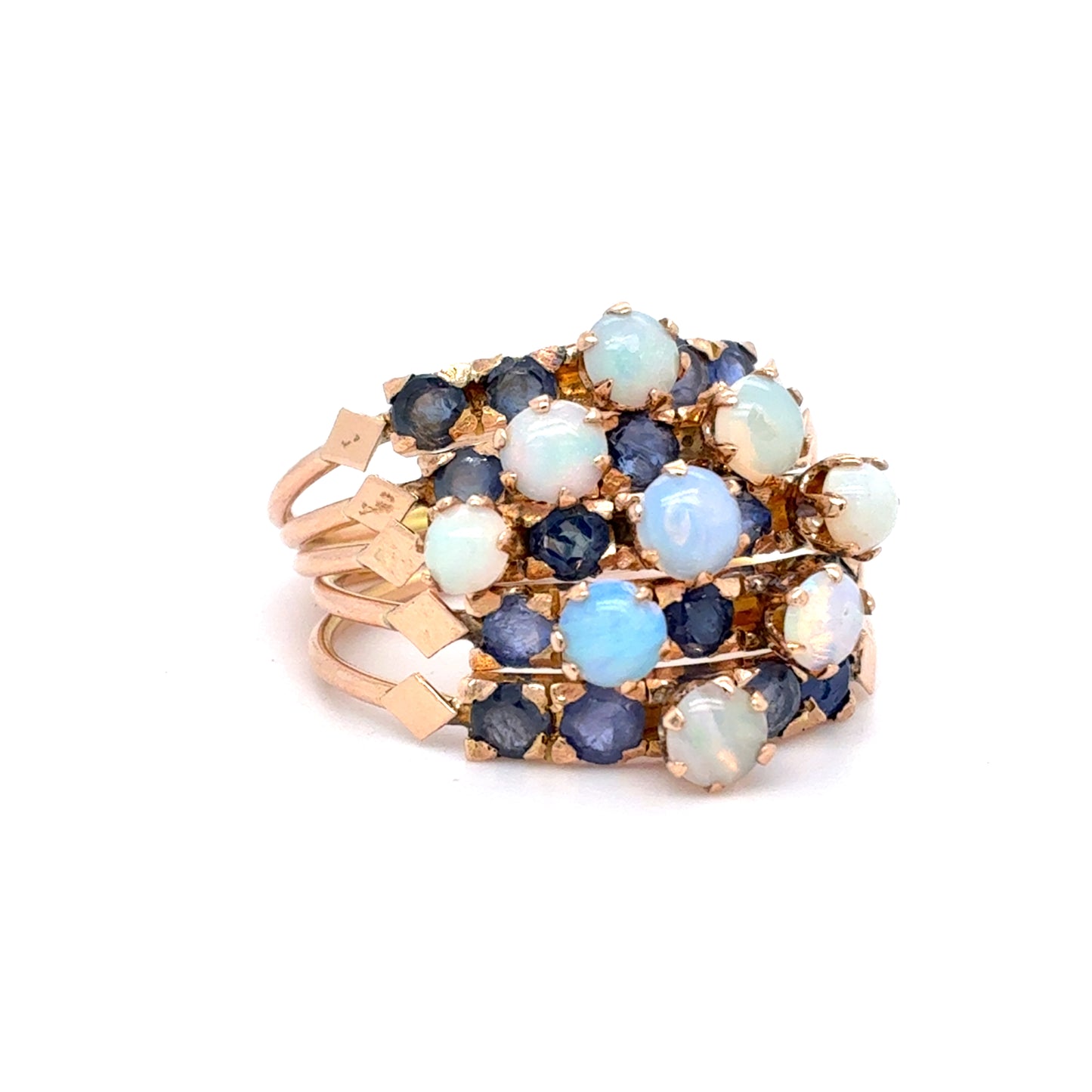 14K Yellow Gold Natural Opal & Sapphire Multi-Row Fashion Ring | Cabochon & Round 2.80 TCW, Size 9