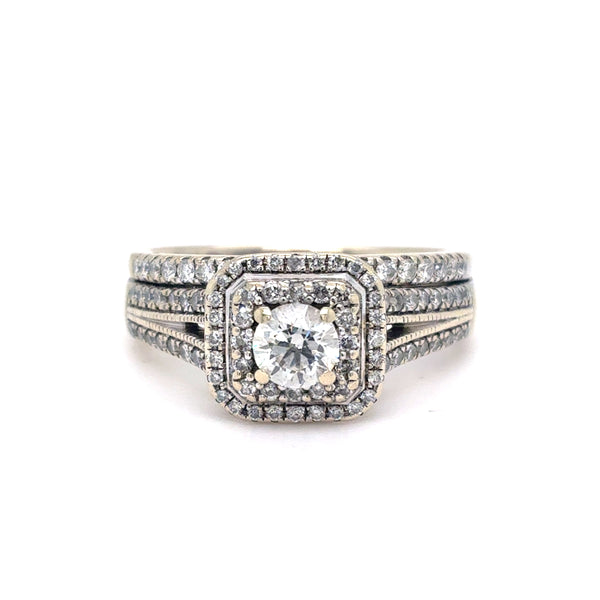 14K White Gold Natural Diamond Halo Engagement Ring Set | Round Brilliant 1.04 TCW, G-H SI1-SI2, Size 8