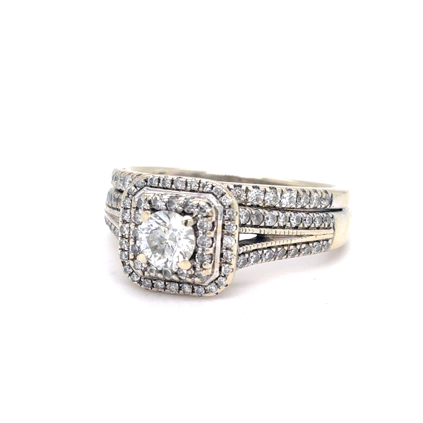 14K White Gold Natural Diamond Halo Engagement Ring Set | Round Brilliant 1.04 TCW, G-H SI1-SI2, Size 8