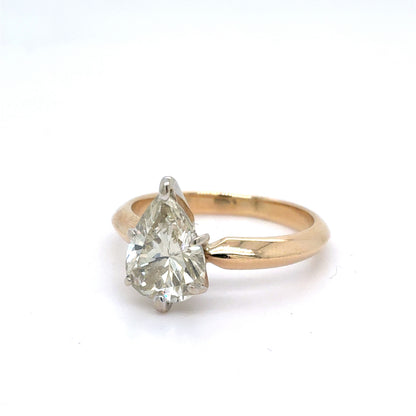 14K Two Tone Gold Natural Diamond Solitaire Ring | Pear 1.72 CTW, O-P SI1, Size 5.5