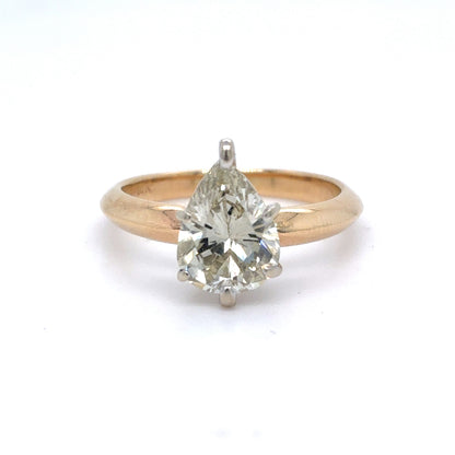 14K Two Tone Gold Natural Diamond Solitaire Ring | Pear 1.72 CTW, O-P SI1, Size 5.5